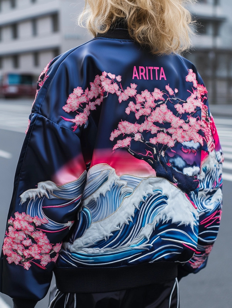 Back view of an ARITTA satin bomber embroidered with cherry blossoms and waves