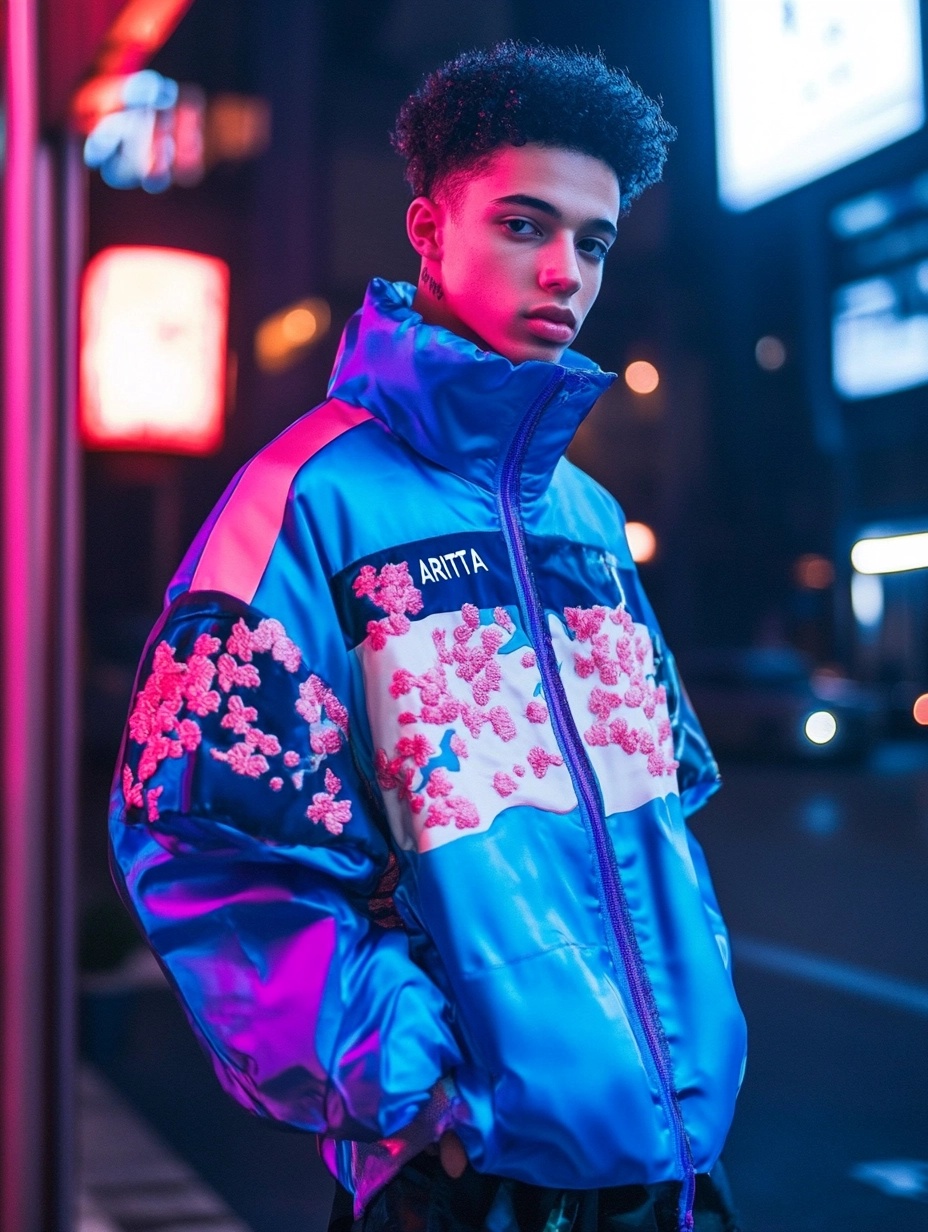 Model wearing a cobalt ARITTA jacket with pink floral embroidery