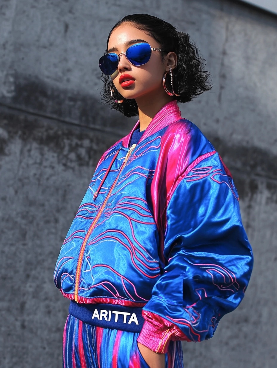 Model wearing an electric blue and pink ARITTA bomber
