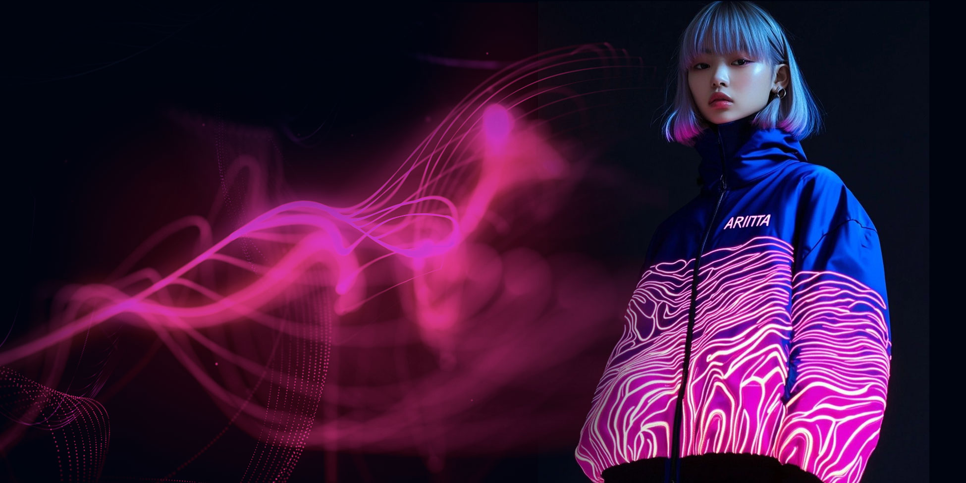 Model wearing the Neon Current jacket under pink and blue light
