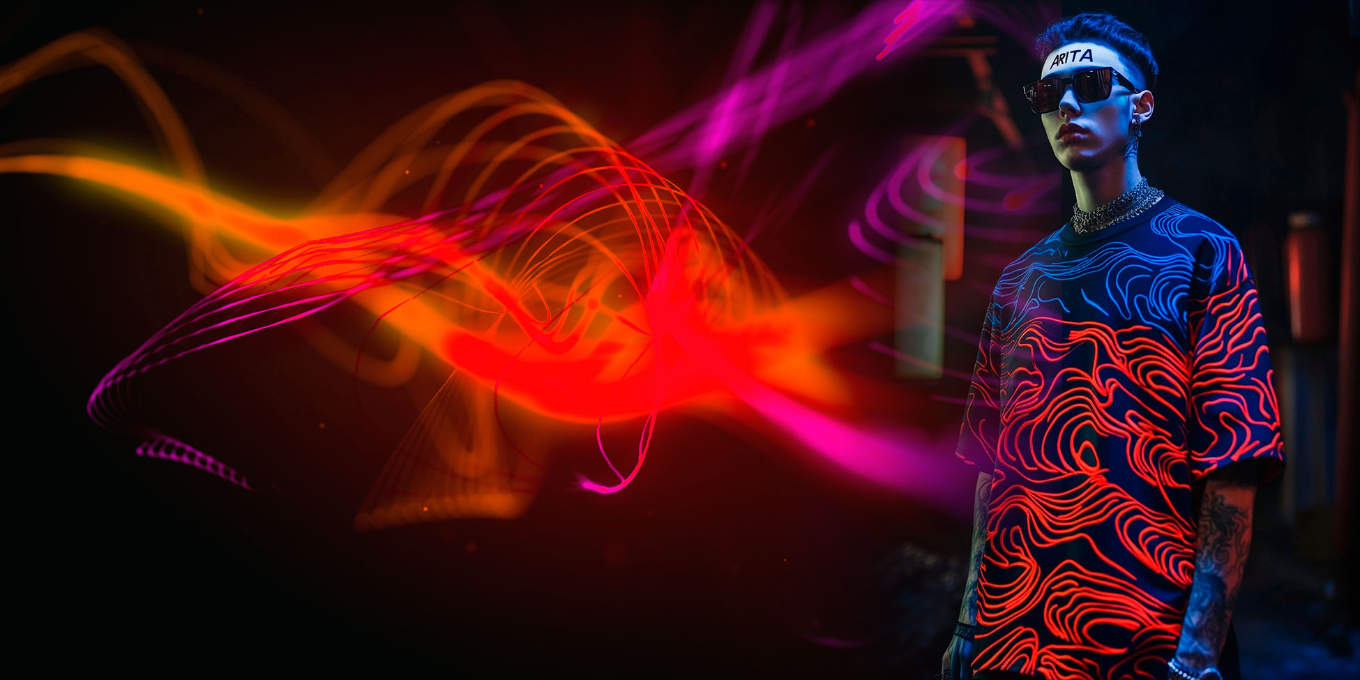 Model wearing the Ember Current T-shirt in a dark neon setting