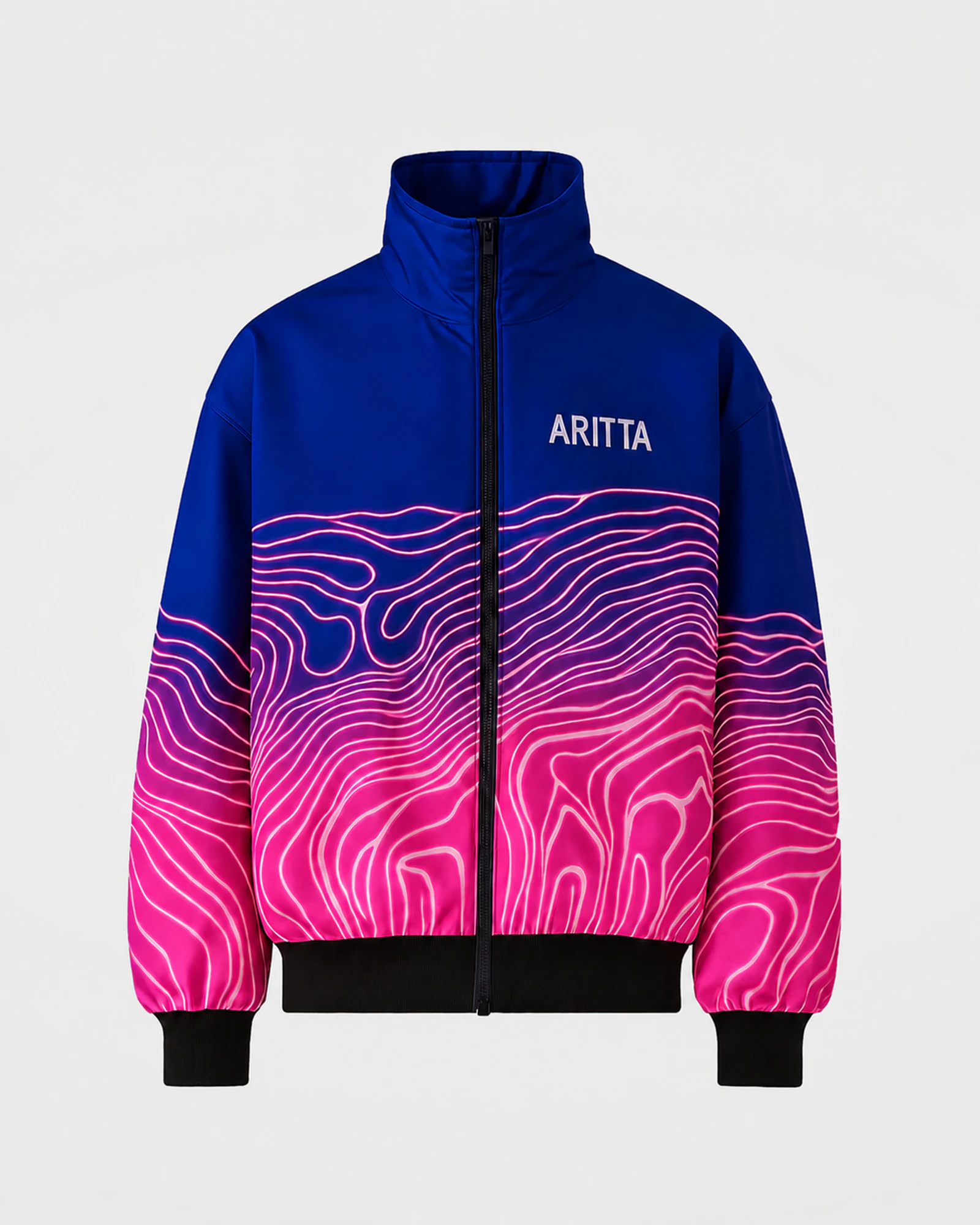 Front view of the ARITTA blue and pink technical jacket