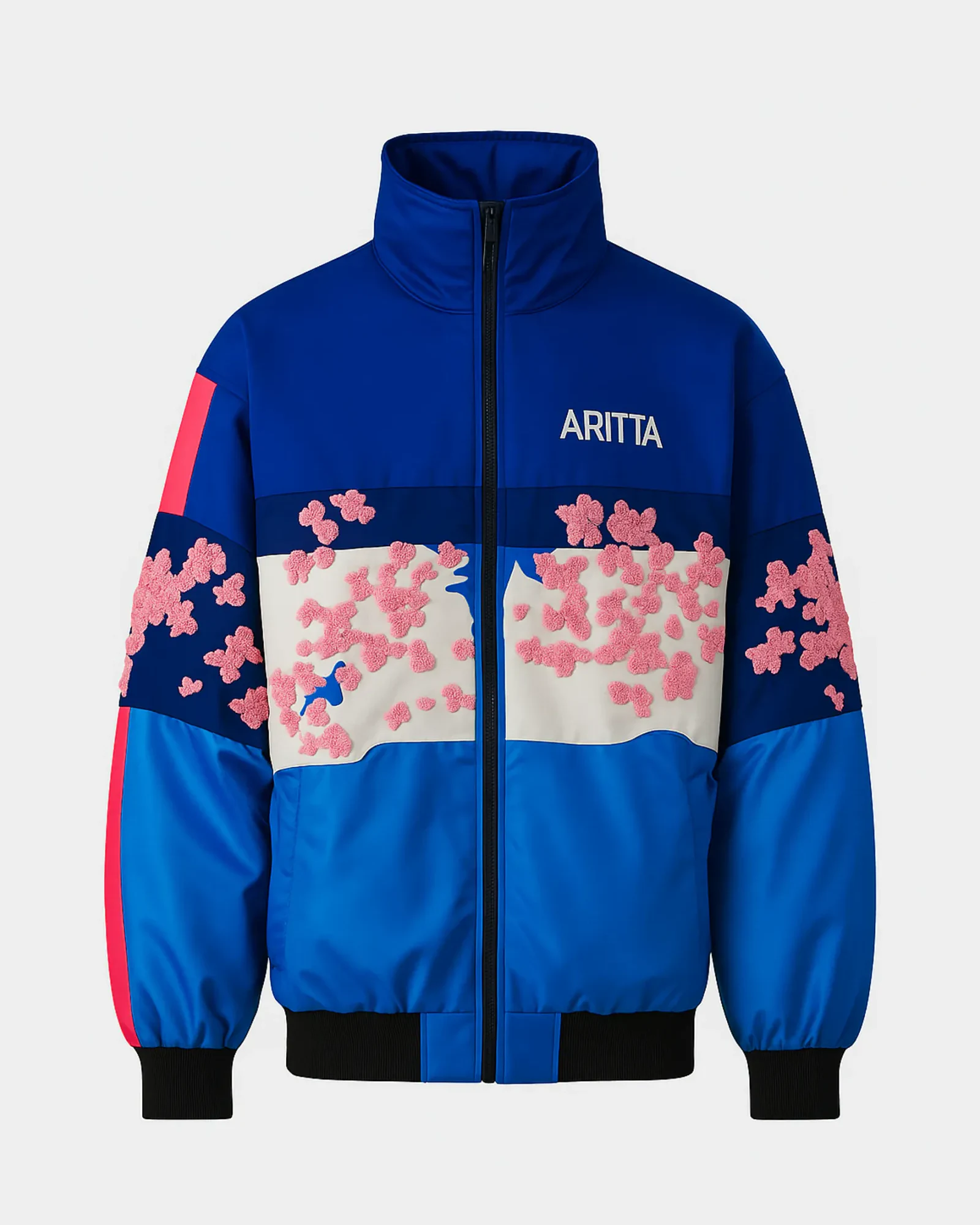 Front view of the ARITTA blue jacket with pink floral embroidery