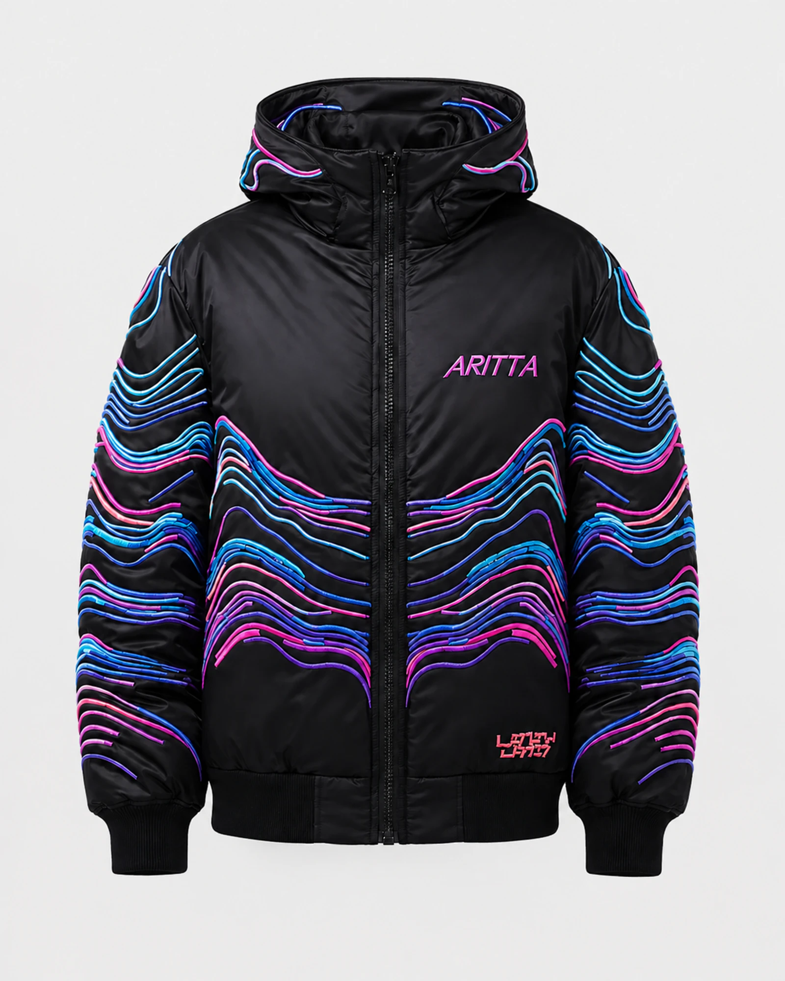 Front view of the black ARITTA jacket with embroidered neon waves