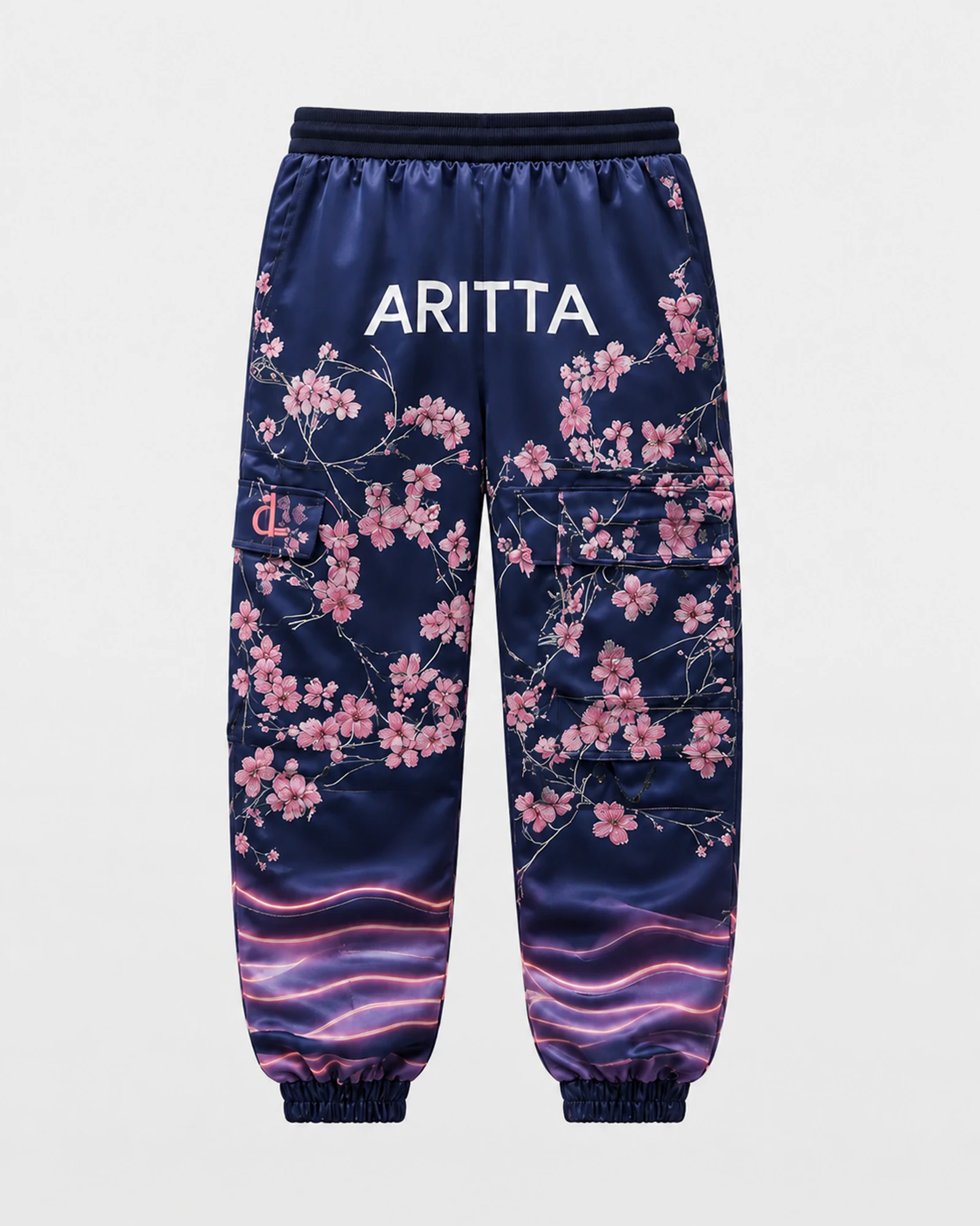 Front view of the navy ARITTA cargo trousers with floral graphics and logo