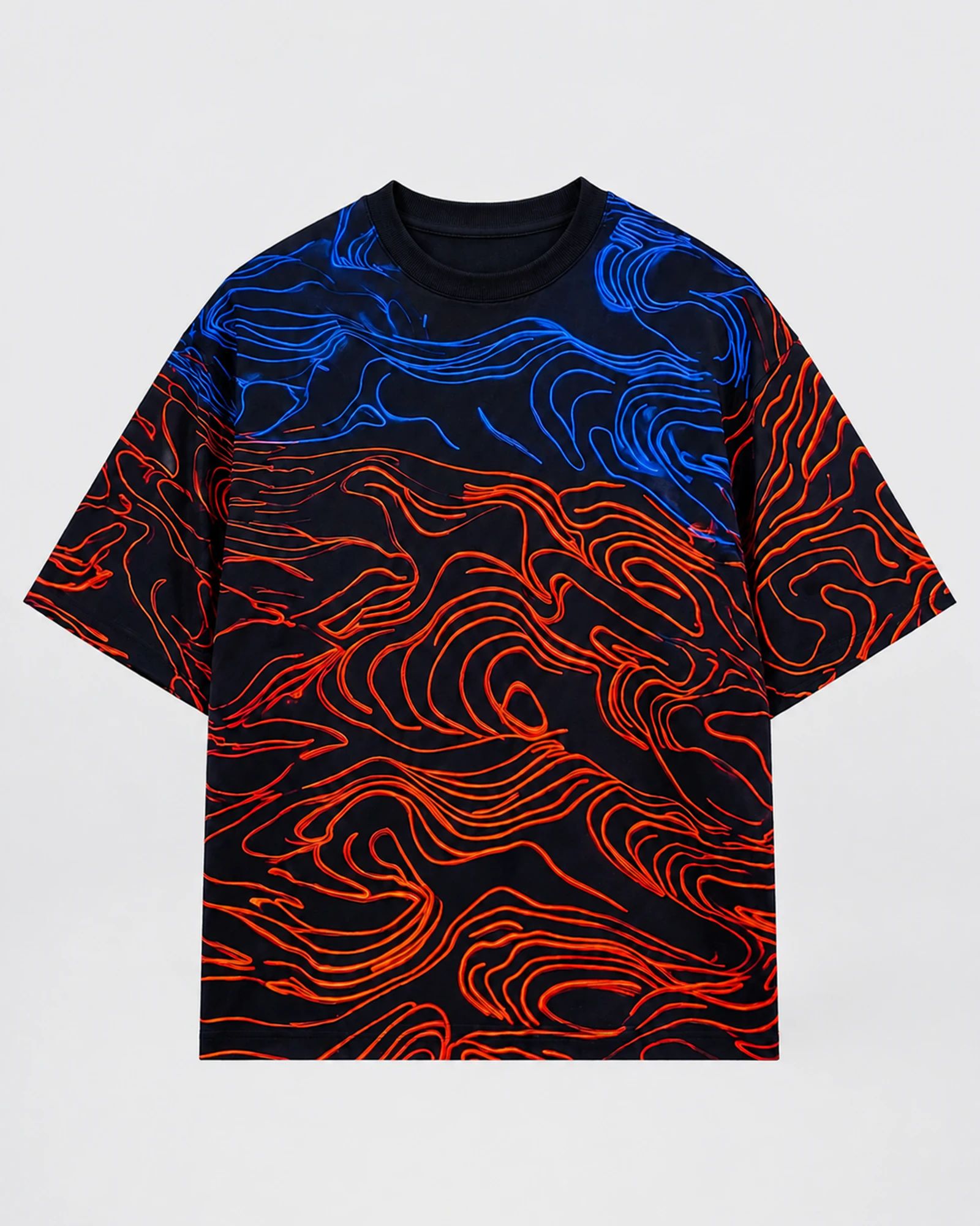 Front view of the black ARITTA T-shirt with blue and orange contour waves