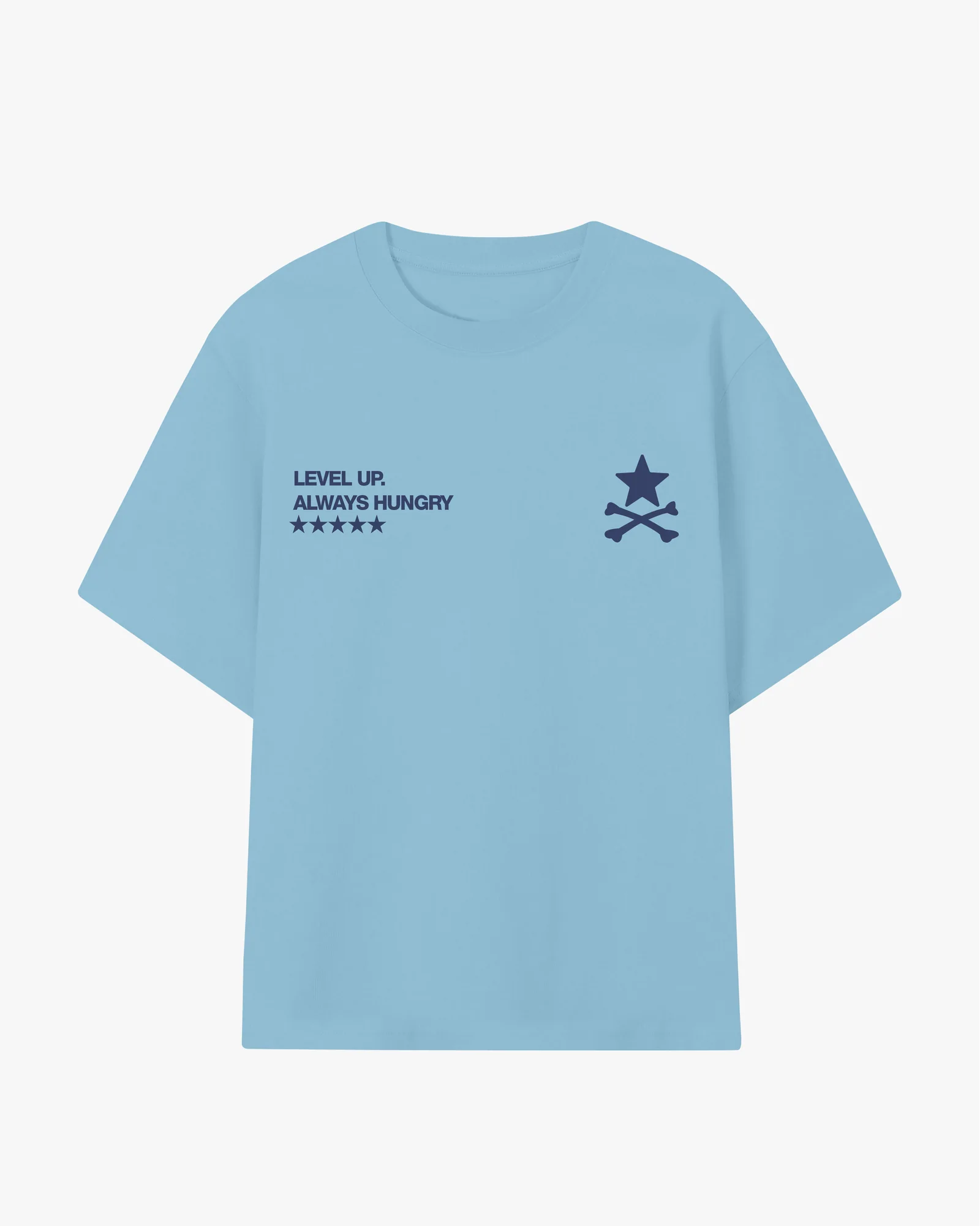 Front view of the Baby Blue Always Hungry oversized T-shirt