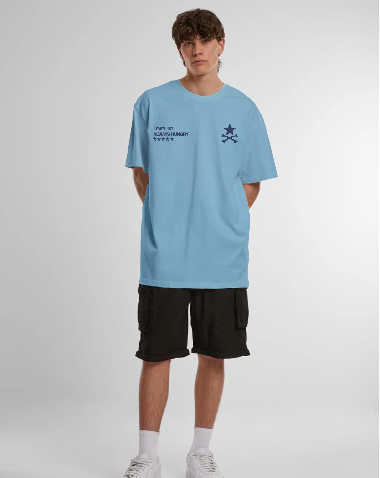 Model wearing the Baby Blue Always Hungry oversized T-shirt