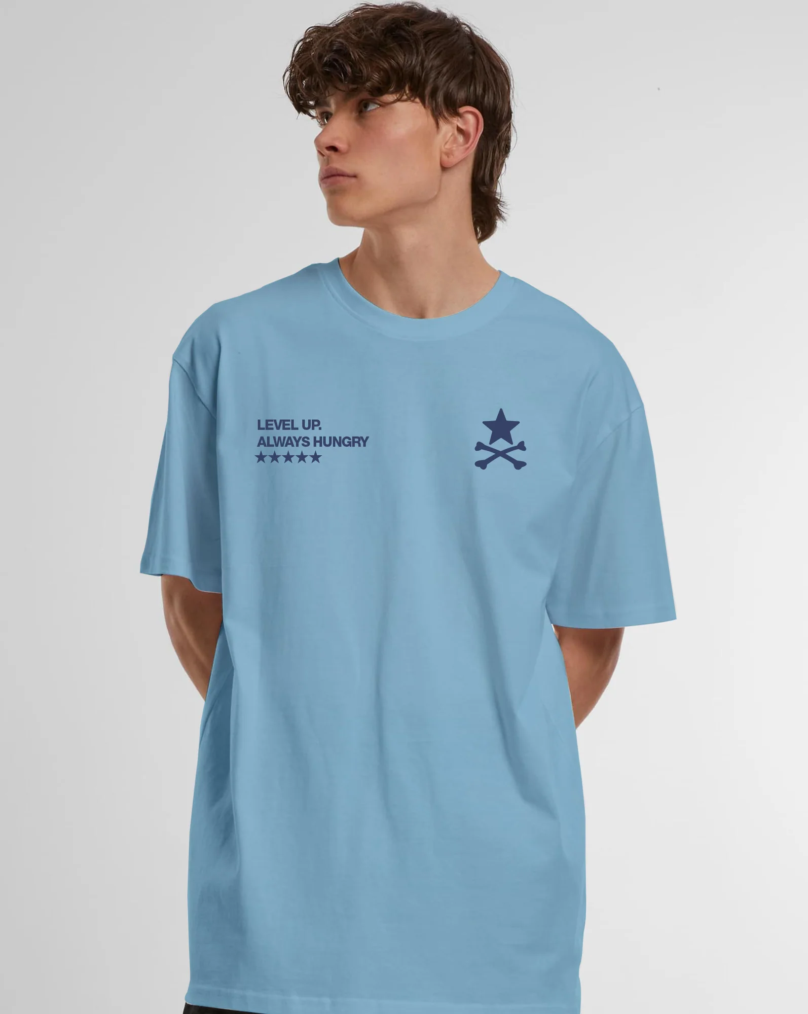 Front detail of the Baby Blue Always Hungry oversized T-shirt