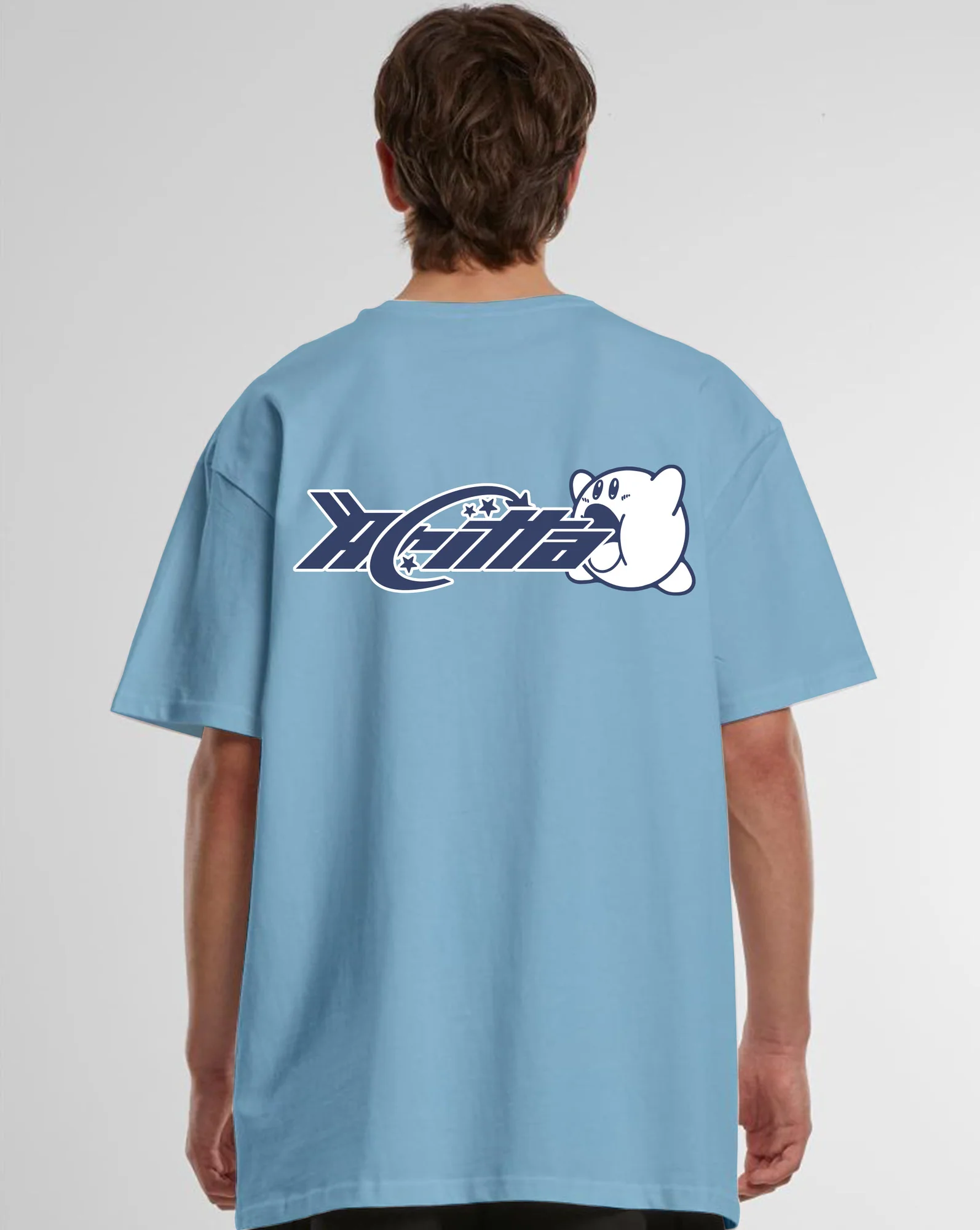 Back print of the Baby Blue Always Hungry oversized T-shirt on a model