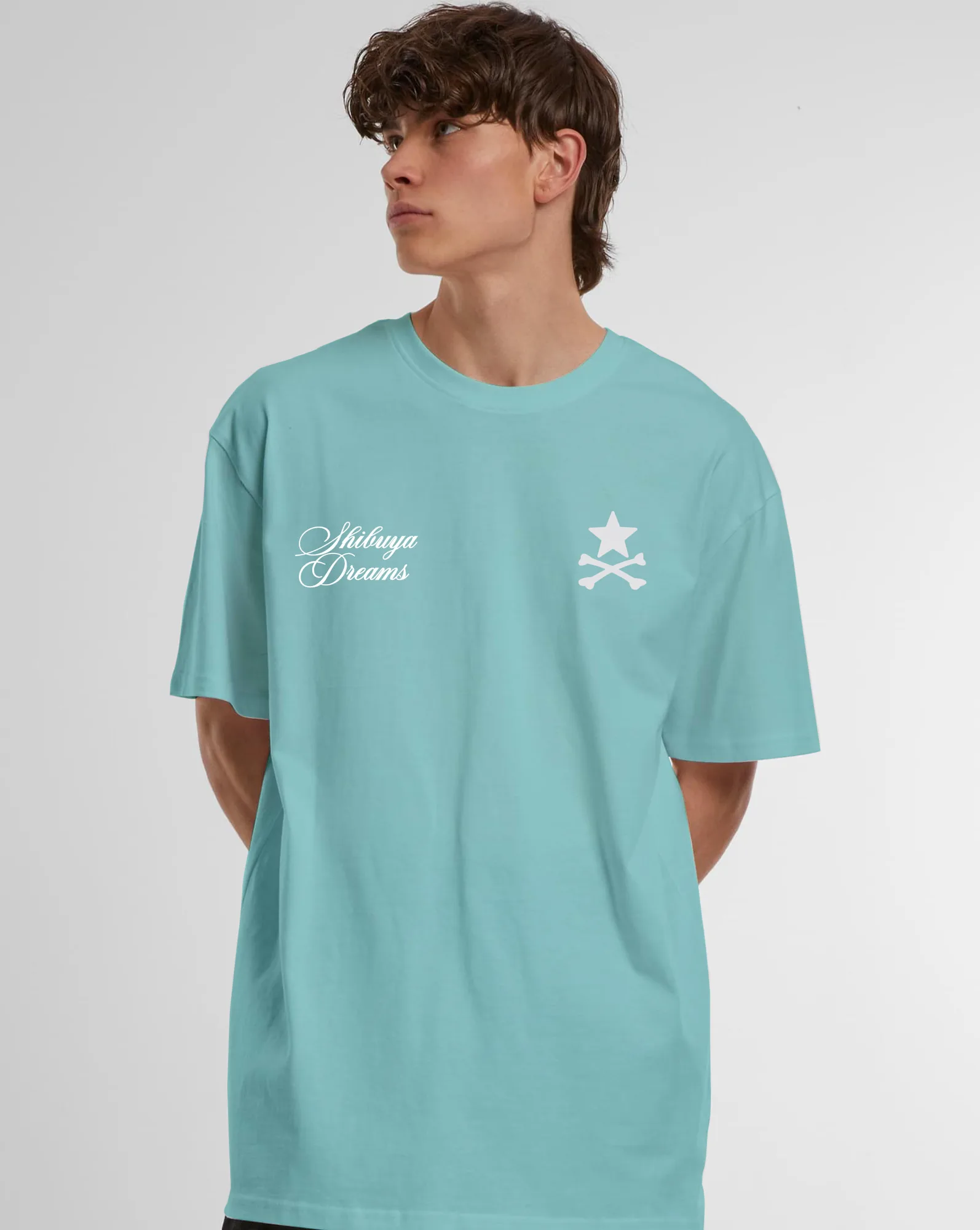 Front detail of the Beryl Blue Shibuya Dreamer oversized T-shirt