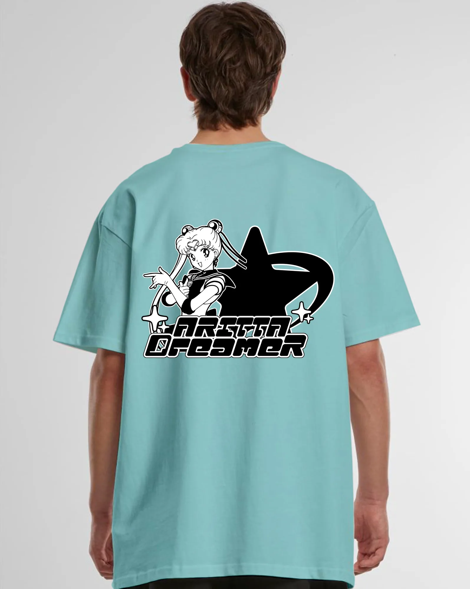 Back print of the Beryl Blue Shibuya Dreamer oversized T-shirt on a model