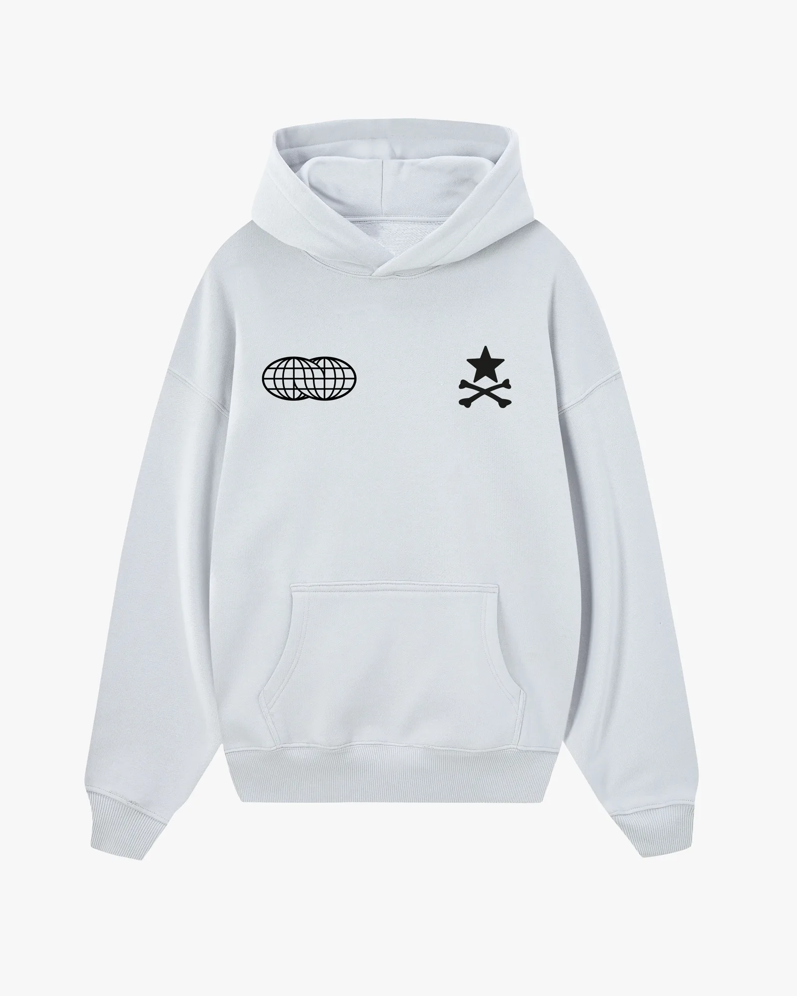 Front view of the white Flight Mode oversized hoodie