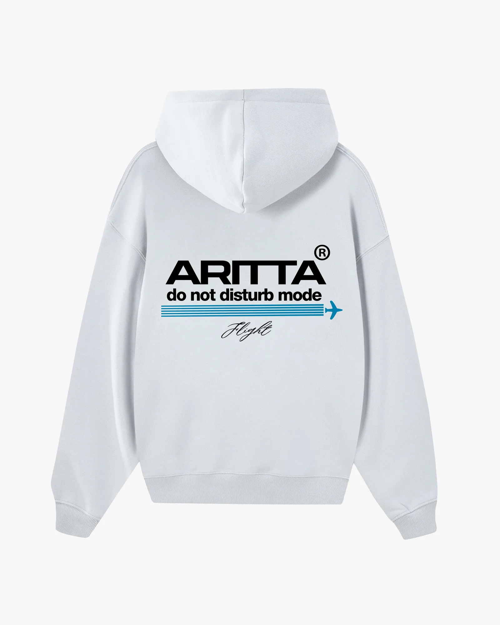 Back view of the white Flight Mode oversized hoodie