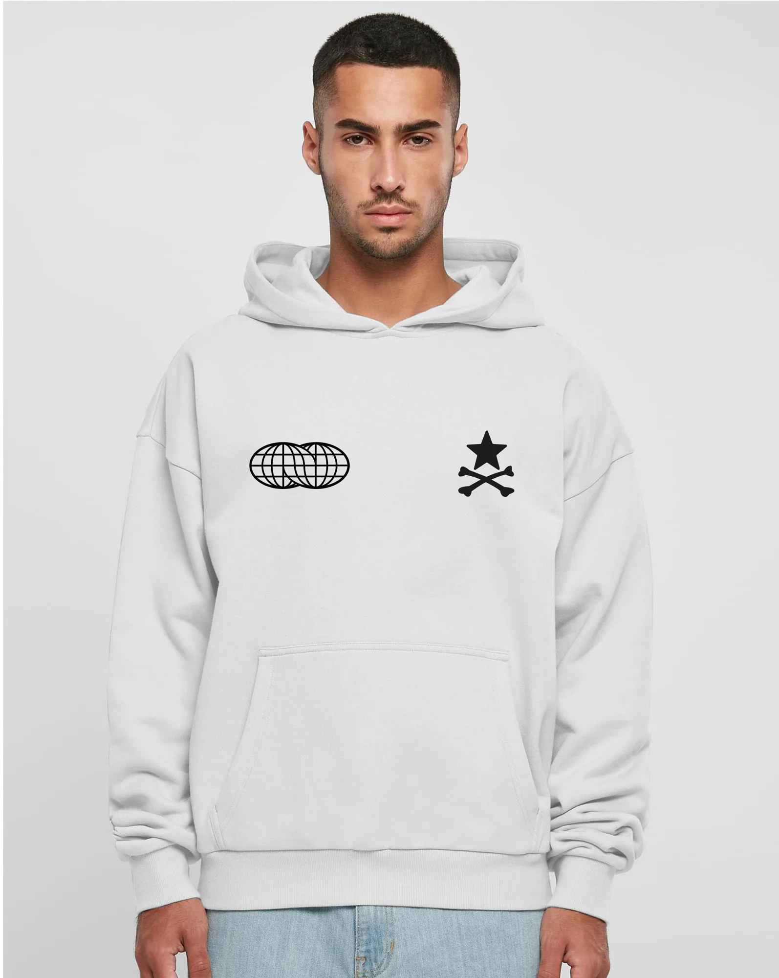 Front detail of the white Flight Mode oversized hoodie