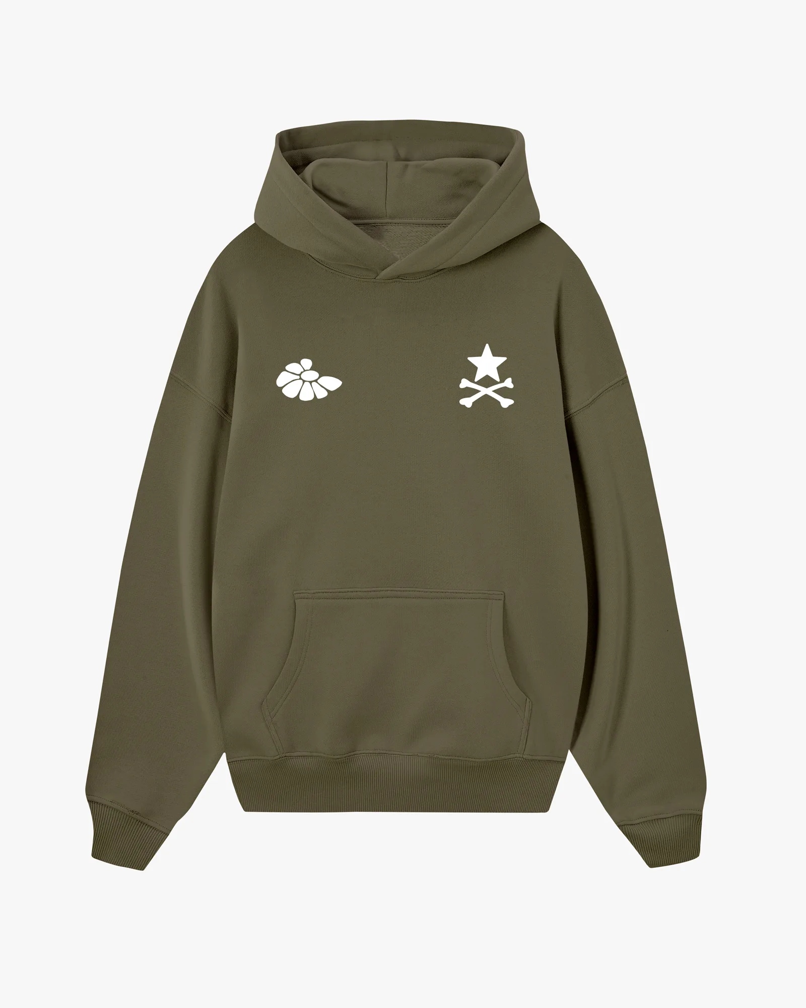 Front view of the olive Cosmic Lovers oversized hoodie