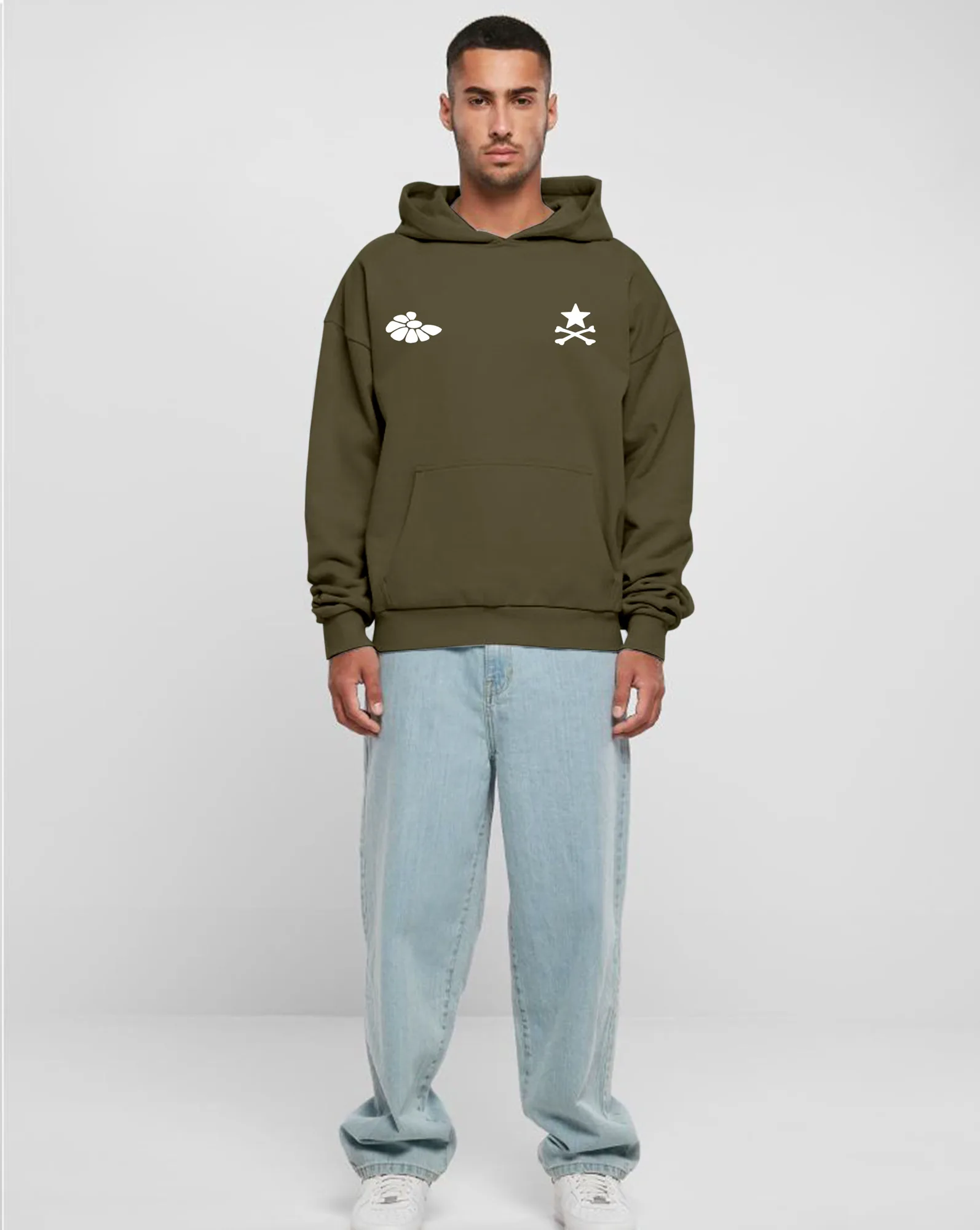 Model wearing the olive Cosmic Lovers oversized hoodie