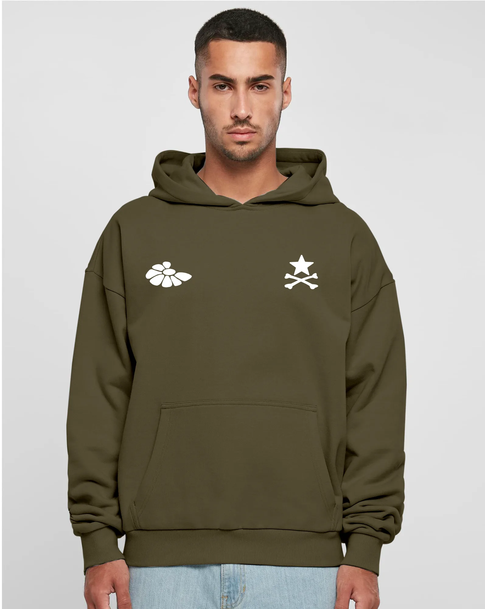 Front detail of the olive Cosmic Lovers oversized hoodie