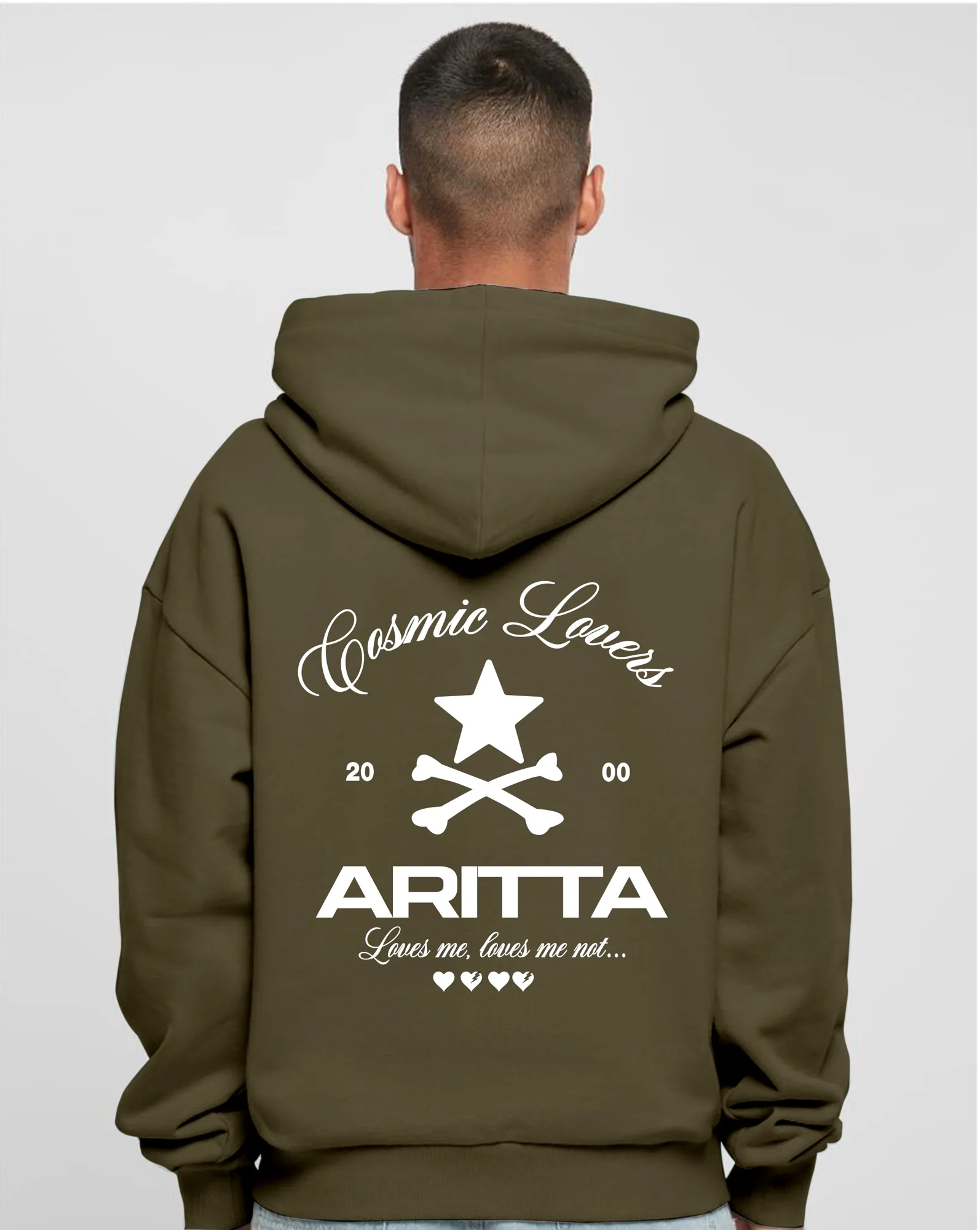Back print of the olive Cosmic Lovers oversized hoodie on a model
