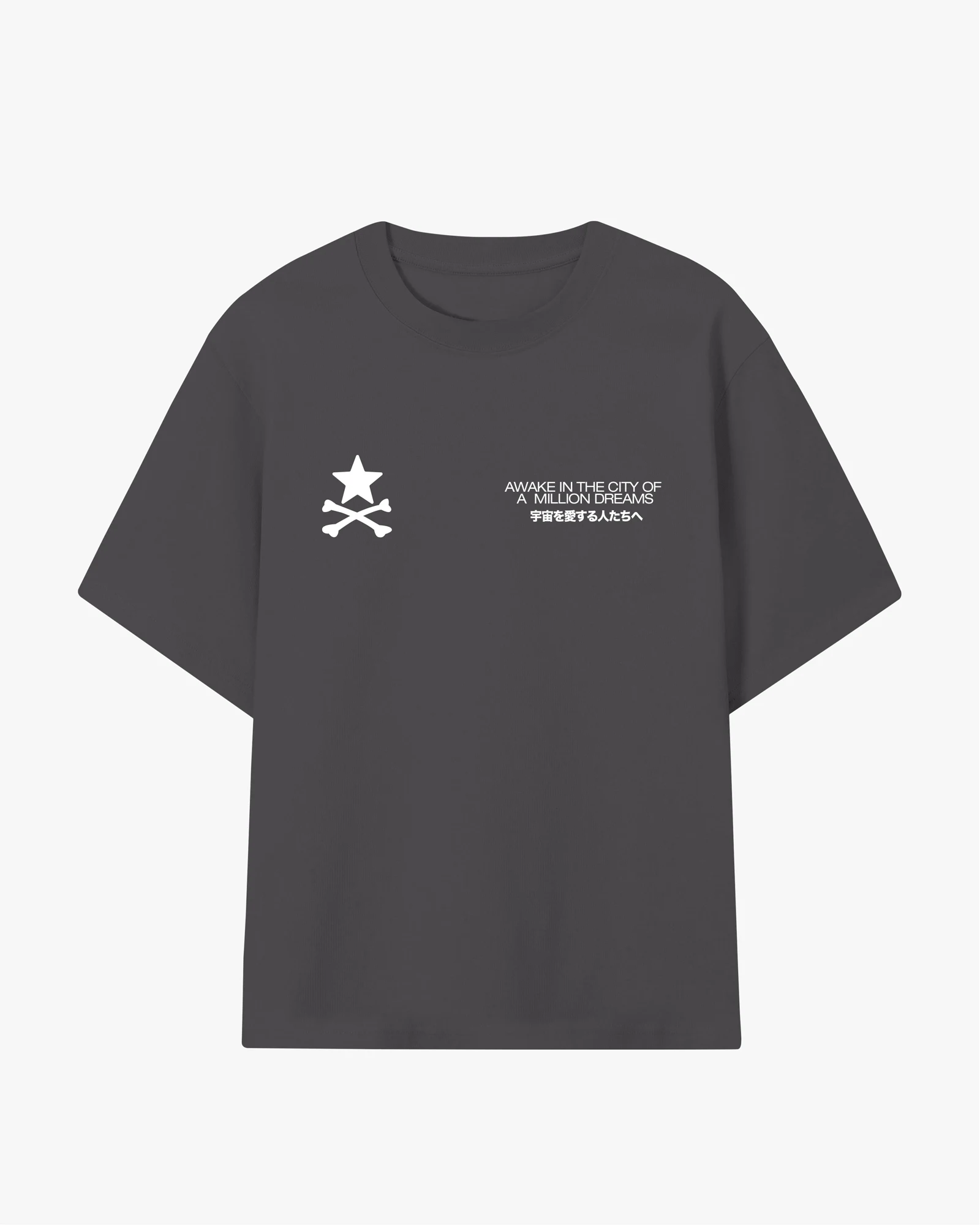 Front view of the dark grey Awake in the City oversized T-shirt
