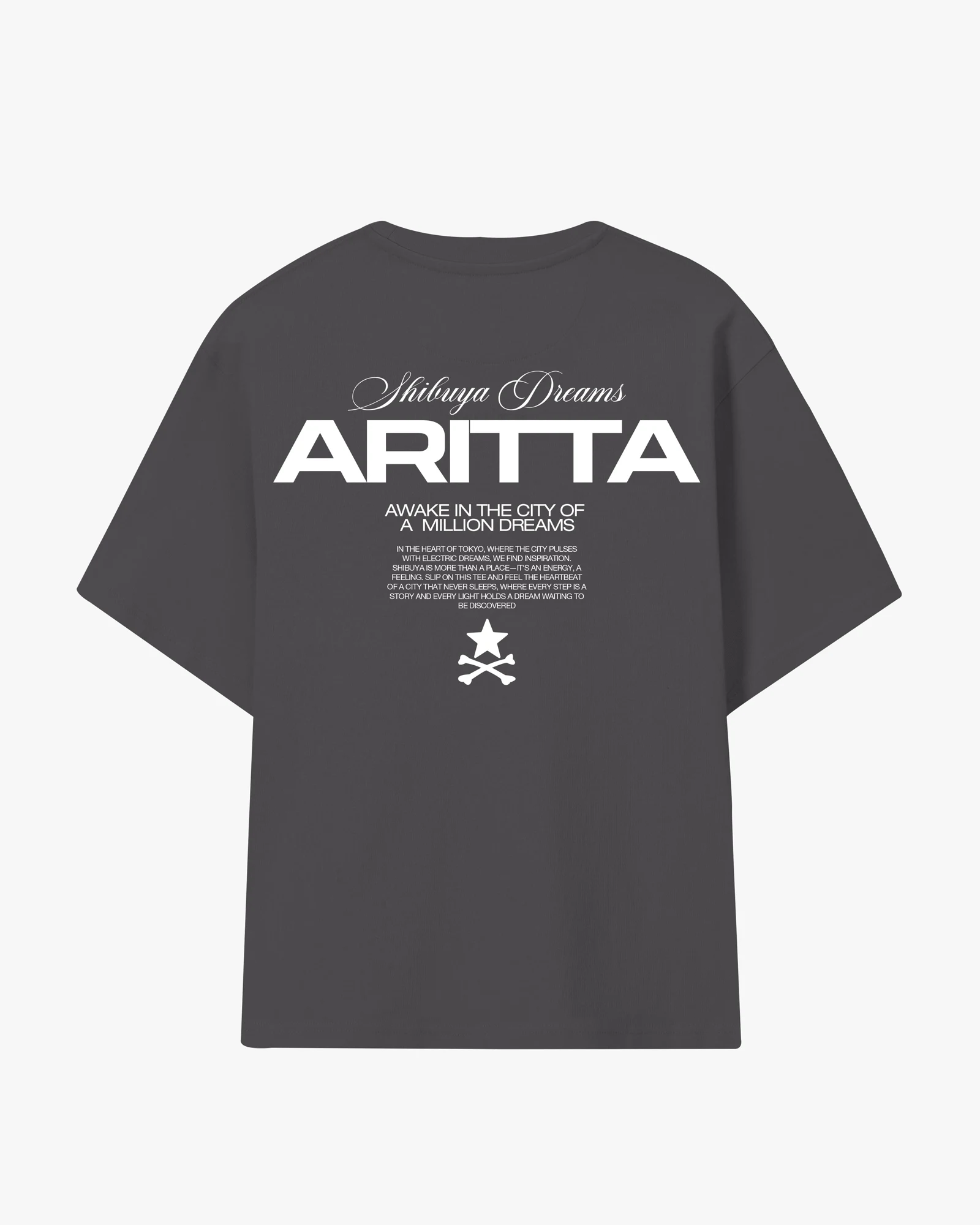 Back view of the dark grey Awake in the City oversized T-shirt