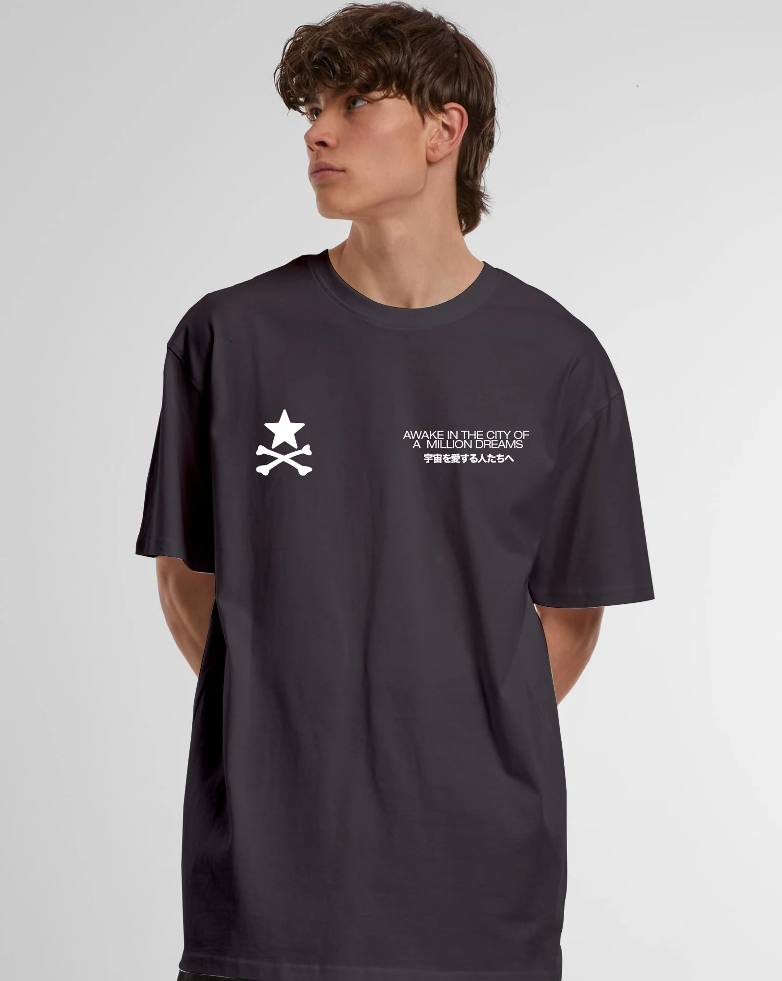 Front detail of the dark grey Awake in the City oversized T-shirt
