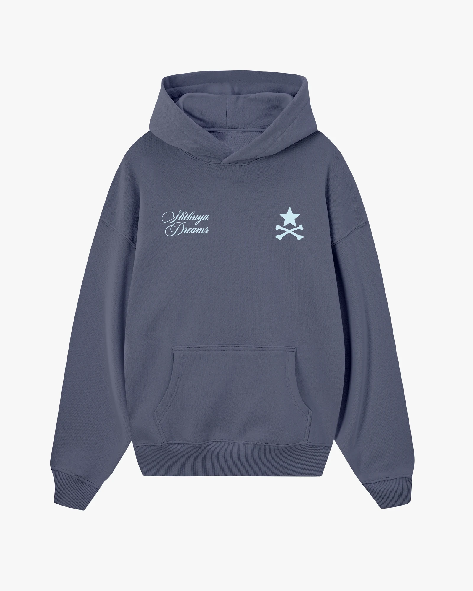 Front view of the Vintage Blue Endless Nights oversized hoodie