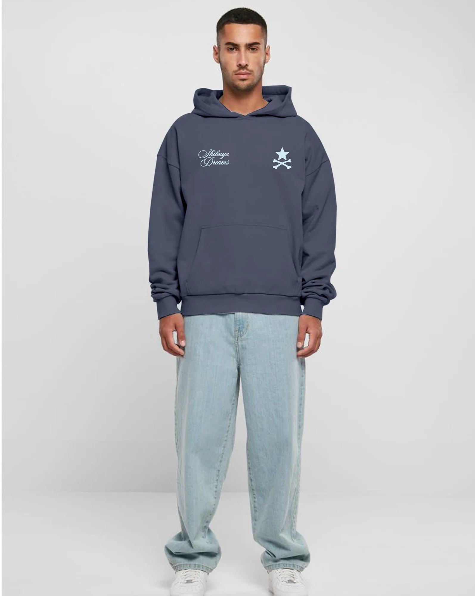 Model wearing the Vintage Blue Endless Nights oversized hoodie