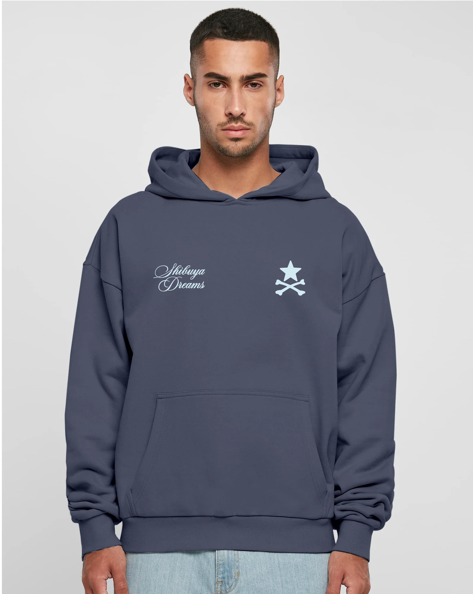 Front detail of the Vintage Blue Endless Nights oversized hoodie