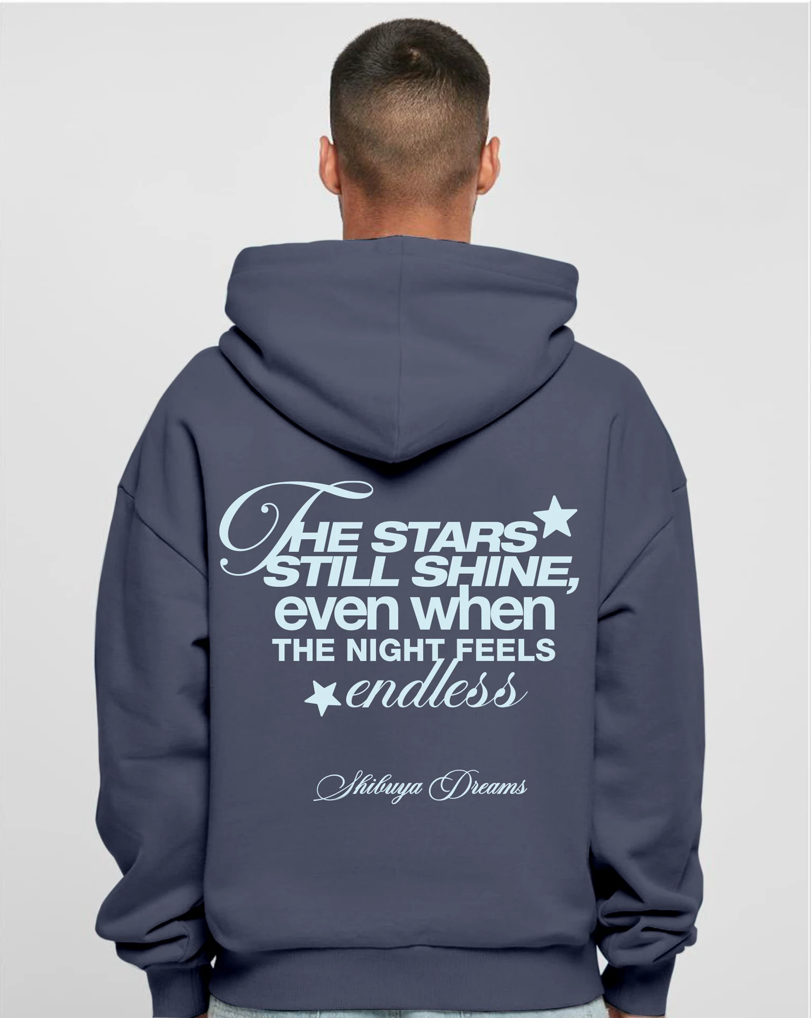 Back print of the Vintage Blue Endless Nights oversized hoodie on a model