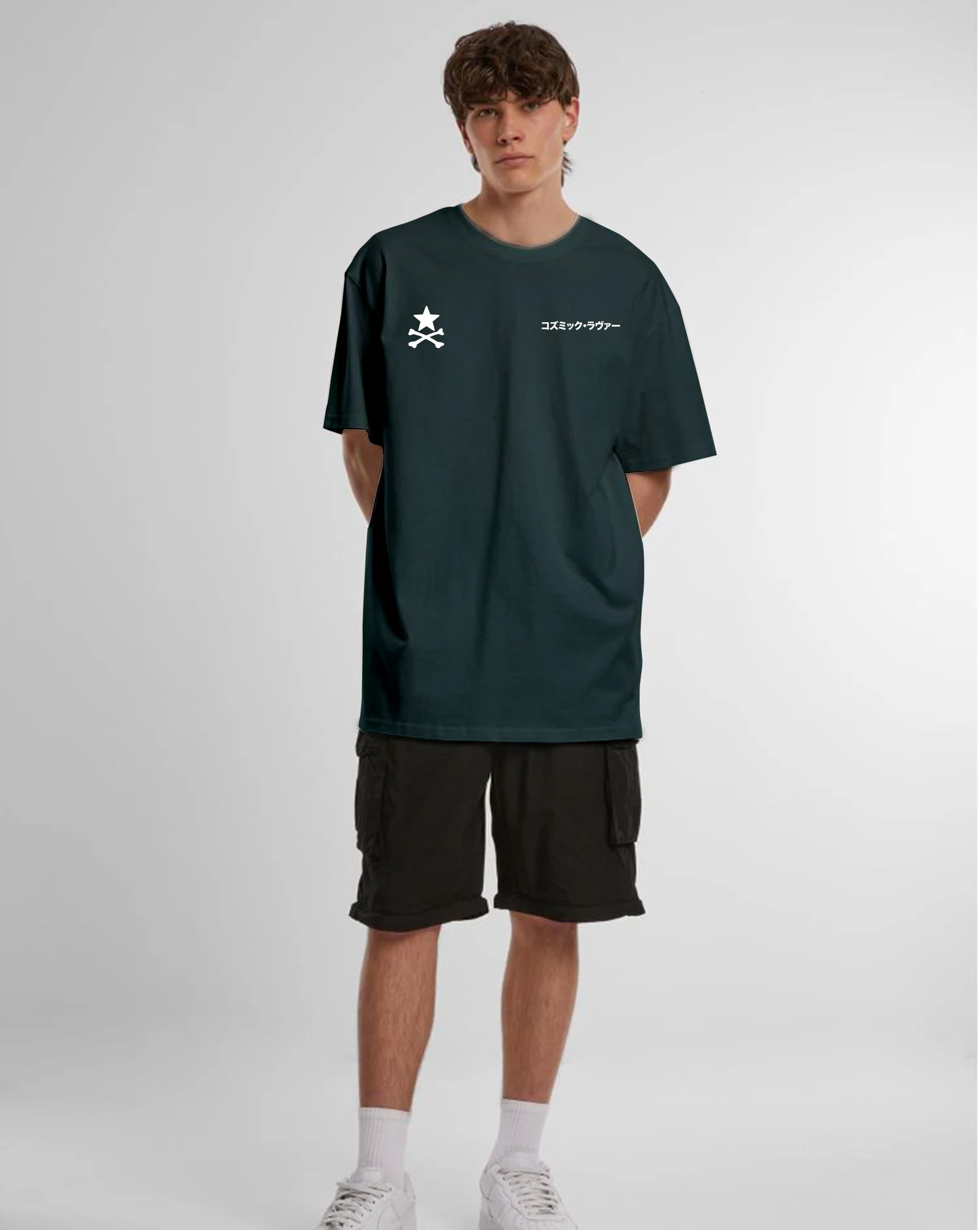 Model wearing the Green Bottle Cosmic Lover oversized T-shirt
