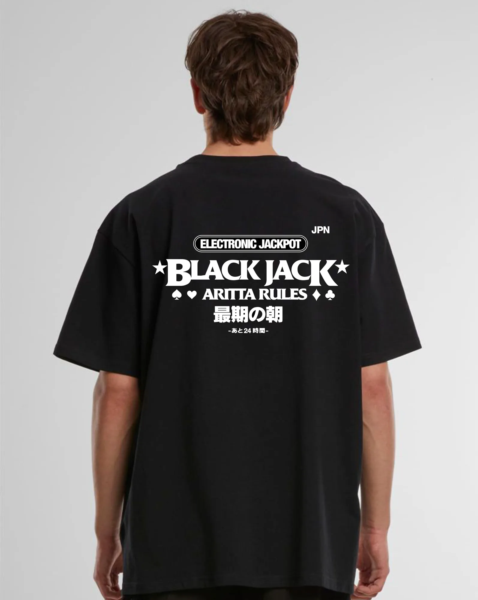 Back print of the Black Blackjack oversized T-shirt on a model
